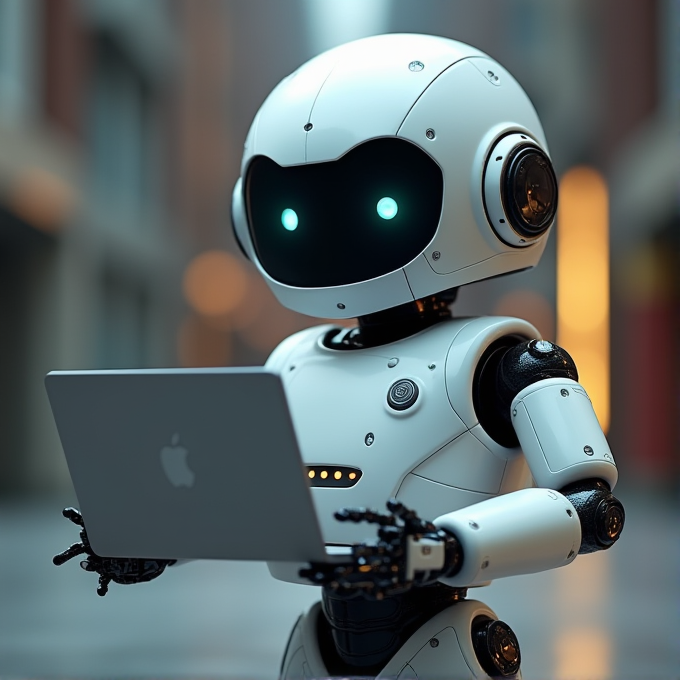 A small, futuristic robot holding a laptop in its hands.