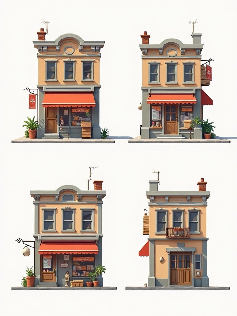 Illustration shows a store from four different angles. Each view displays unique features. The front view details the exterior. The back view indicates access points. The right side showcases architectural elements. The left side highlights specific features.