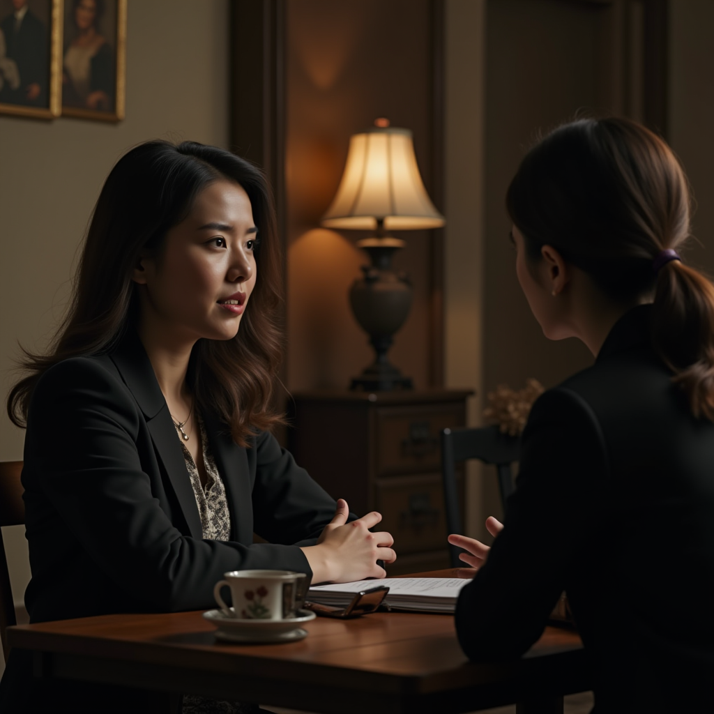 Two women in business attire engage in a conversation at a warmly lit table, with documents and a coffee cup in front of them, in an elegantly decorated room.