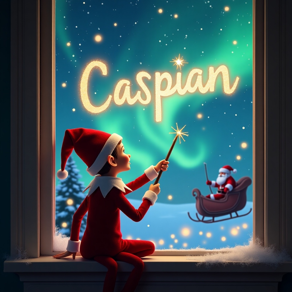 The scene features an adorable elf on the shelf sitting on a window ledge. The elf is dressed in a classic red outfit with a pointed hat. He is facing the enchanting sky, using a magical wand to write 'Caspian' in shimmering letters of light. The background is filled with captivating northern lights and twinkling stars, creating a festive atmosphere. In the distance, Santa Claus can be seen joyfully riding in his sleigh, bringing a sense of wonder and delight. This image captures the essence of holiday spirit and childhood magic.