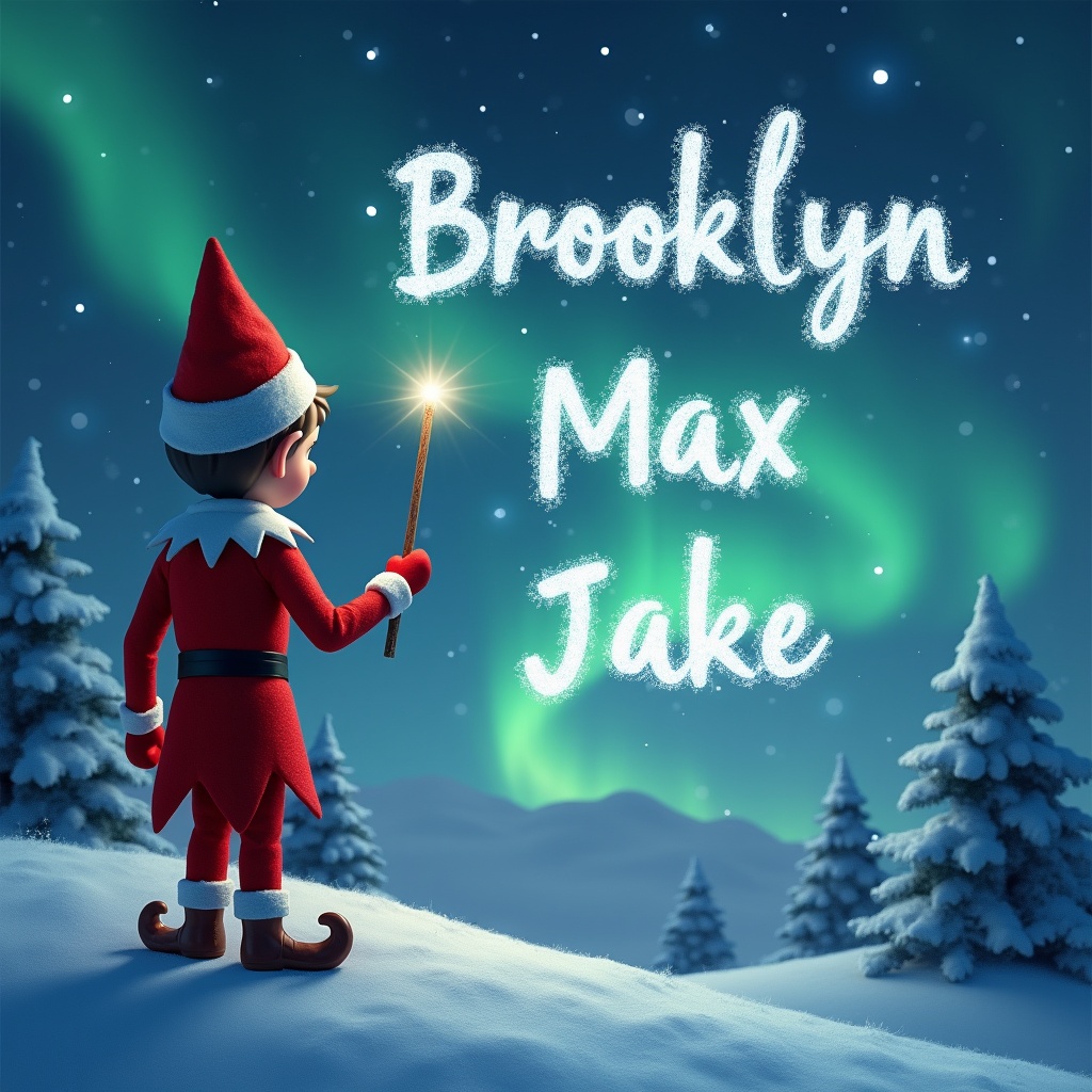 Names Brooklyn, Max and Jake written in sky. Elf with back to image facing magical sky. Using wand to write names in the air. Background features northern lights and Santa.