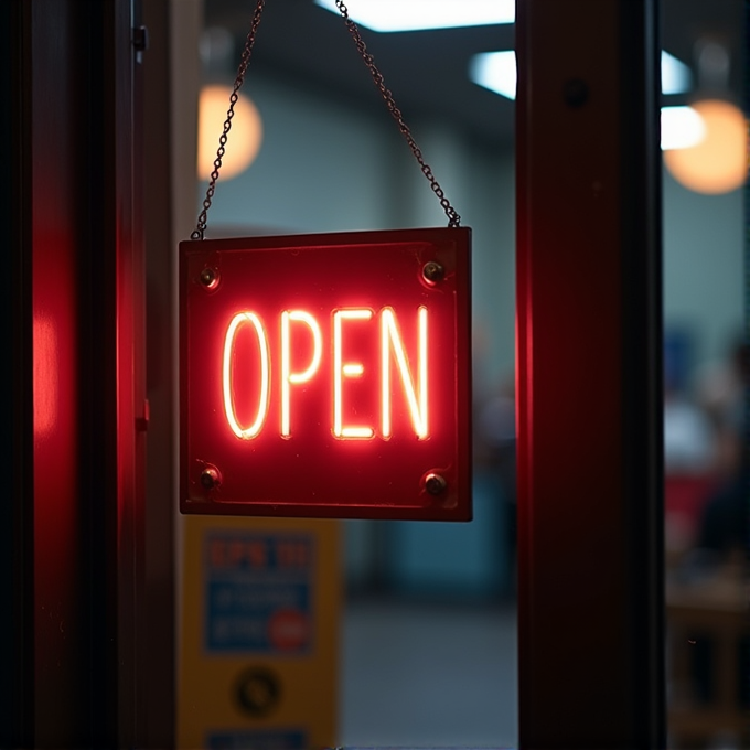 A glowing red 'OPEN' sign hangs on a glass door, illuminating a dimly lit interior space.