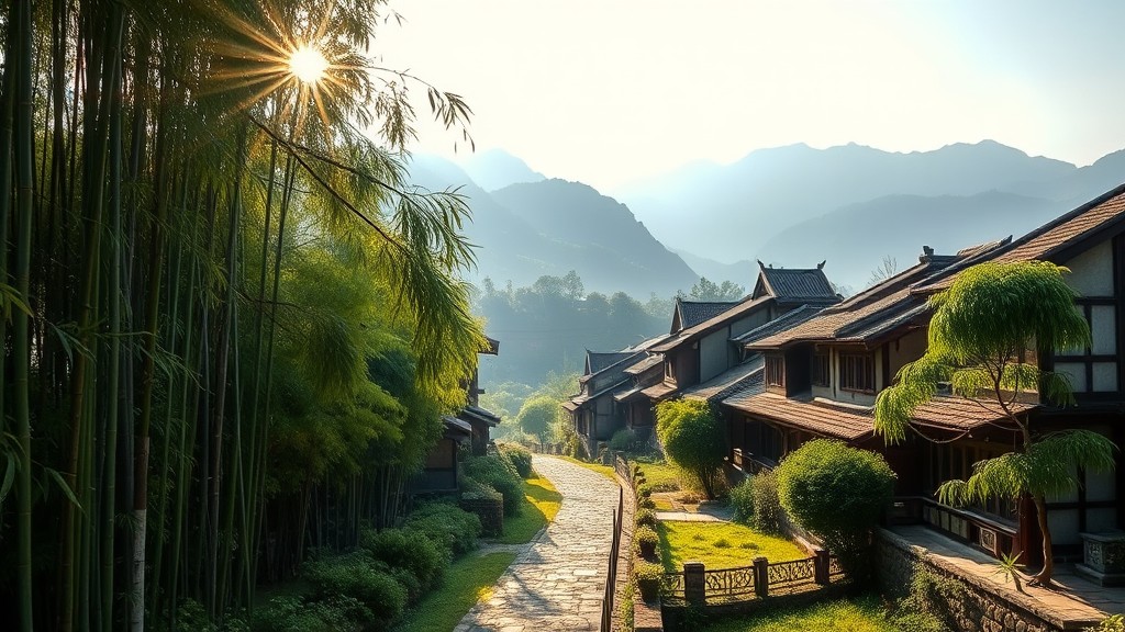 A serene pathway lined with traditional Asian houses and lush bamboo trees under the gentle morning sun.