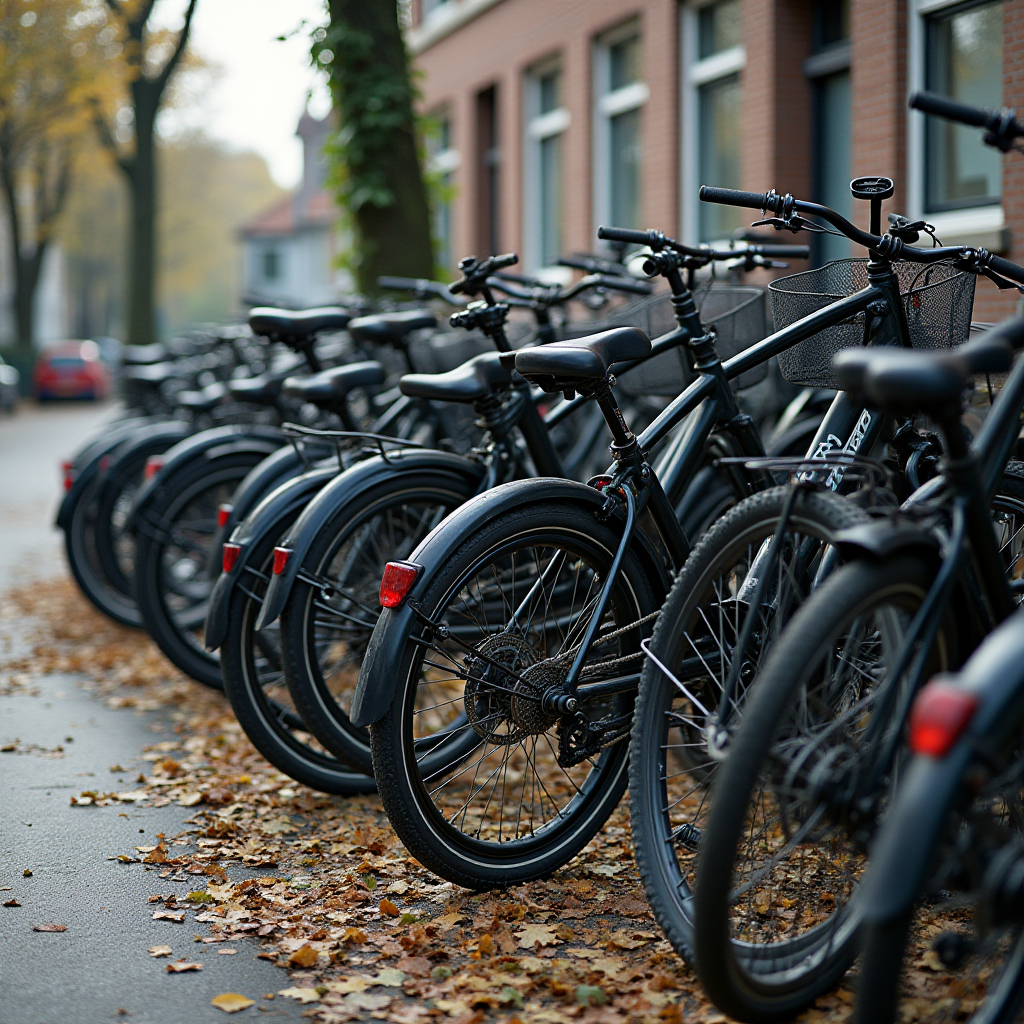 A row of black bicycles is parked on a sidewalk covered with fallen autumn leaves.