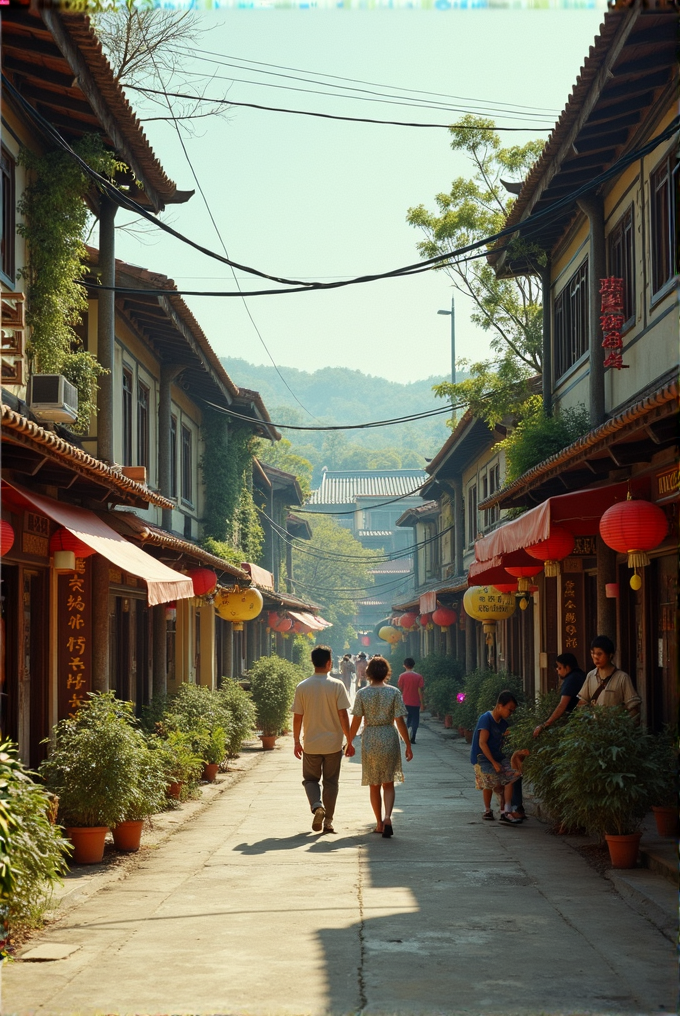 A picturesque street scene captures a couple walking down a traditional lane adorned with red lanterns and lush potted plants, set against a backdrop of mountains and clear skies.