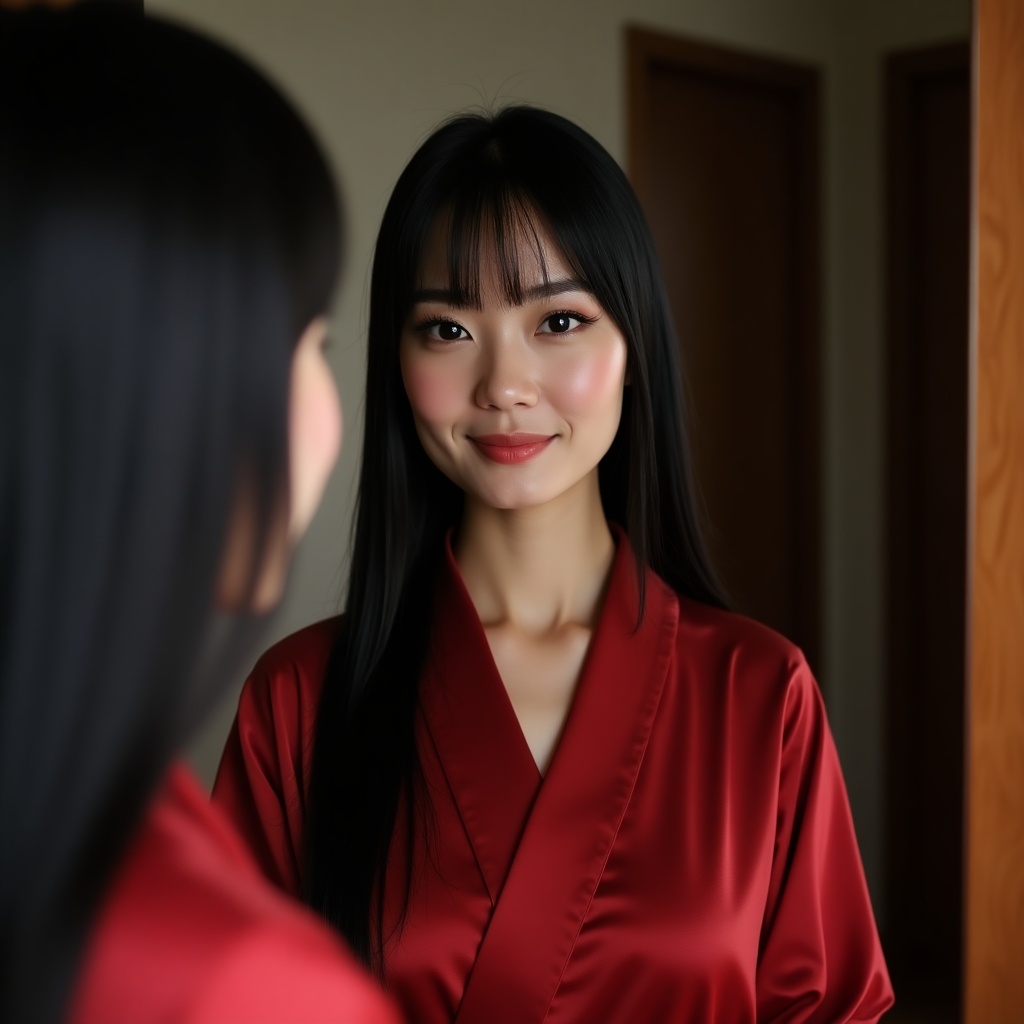 A stunning Japanese woman with long straight black hair stands in front of a mirror. She wears a red sexy kimono, exuding elegance and confidence. Her makeup is flawless, highlighting her beautiful eyes. With a slight smirk of satisfaction, she gazes at her reflection. The soft lighting enhances her features, making her look captivating. The setting complements her traditional yet modern style, adding a sophisticated touch to the scene.