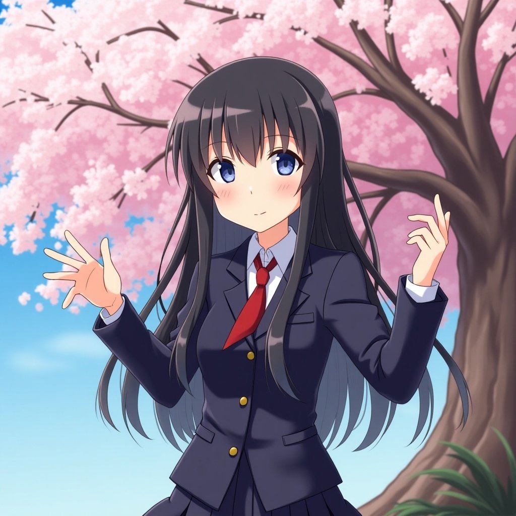 Anime character with long black hair and deep blue eyes in a school uniform. Character reaches out with both hands. Nature background with a cherry tree.