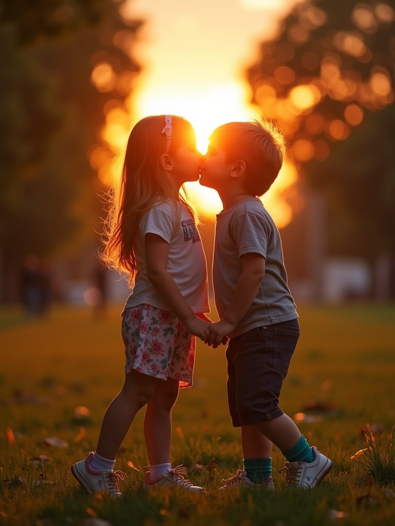 A girl and a boy standing close together in a park. They are holding hands. The sunset creates a warm glow around them. The atmosphere feels joyful and magical.