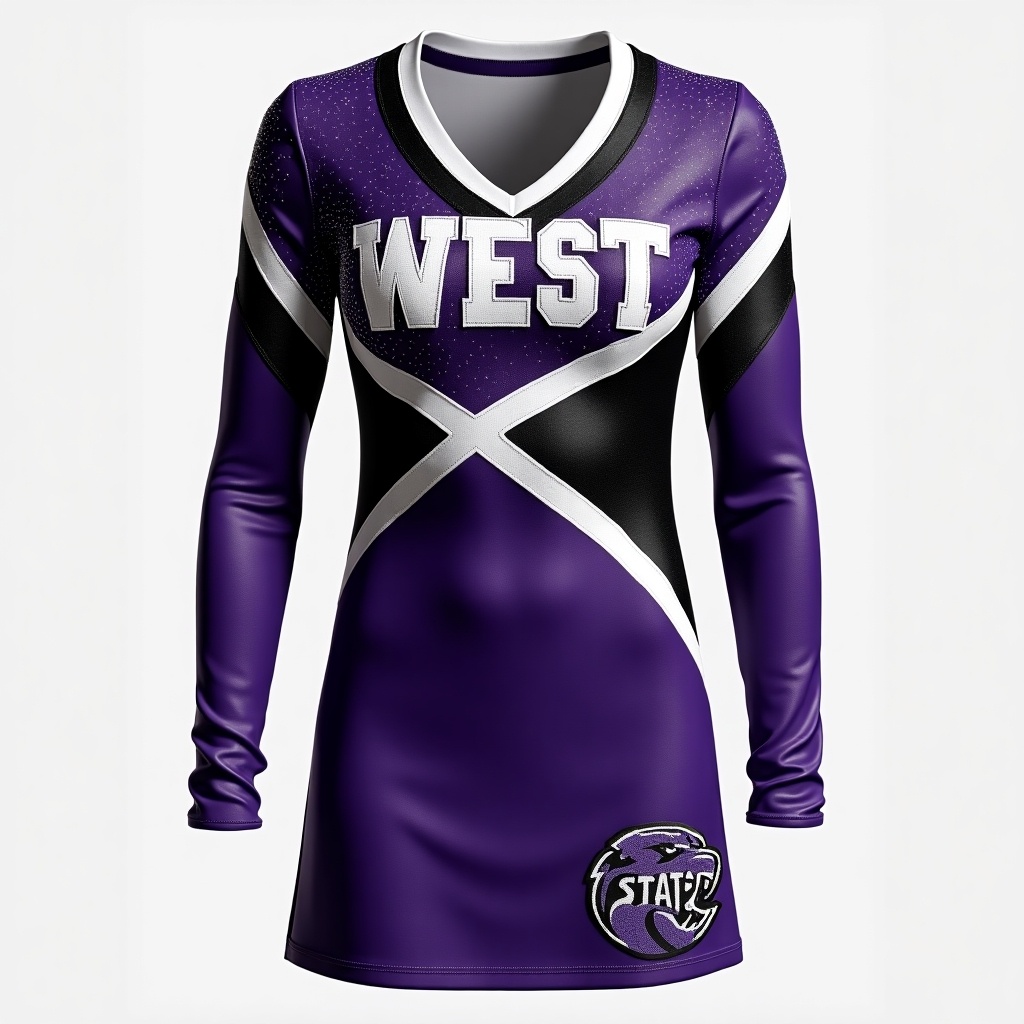 Cheerleading uniform displayed prominently. The word 'WEST' is across the chest. Dominant colors are purple, black, and white. Features detachable sleeves. Kansas State mascot logo is on the back. Uniform has lots of sparkles.