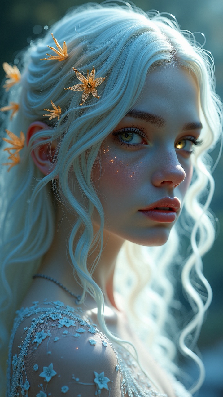 A mystical woman with long, flowing white hair adorned with golden lily flowers, delicate fabric with floral patterns, surrounded by a soft, magical light, evoking a sense of enchantment and wonder.