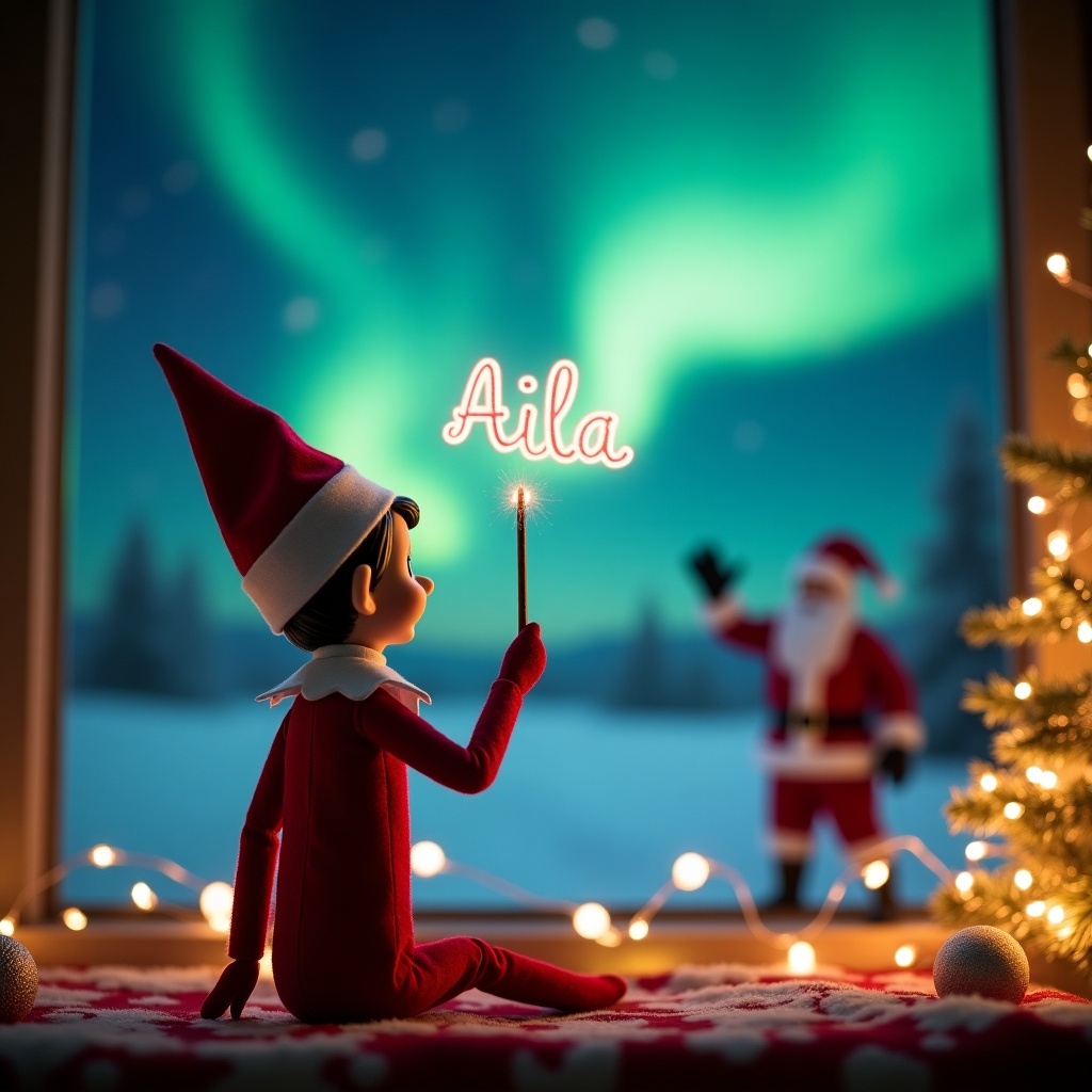 An adorable scene captures an Elf on the Shelf with his back to the viewer. He is facing a breathtaking nighttime sky illuminated by the northern lights. The elf, dressed in traditional holiday attire, is using a magic wand to elegantly write the name Aila in the air. In the background, Santa Claus joyfully waves, creating a sense of wonder and joy. The scene is completed with decorative Christmas elements like a beautifully lit tree and twinkling fairy lights, evoking a festive spirit.