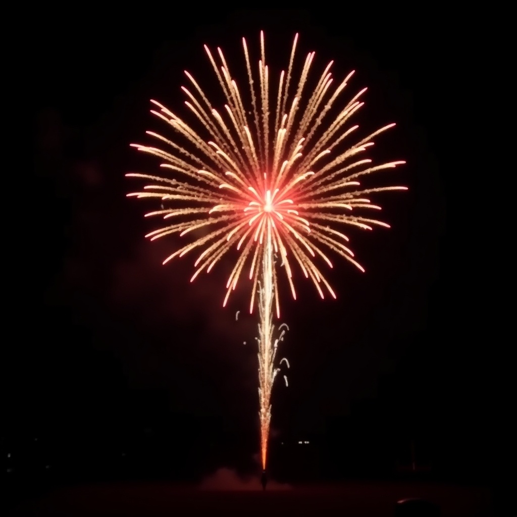 This image shows a stunning display of fireworks in the night sky against a black background. The fireworks explode in a colorful burst, primarily showcasing red and white hues. It captures a moment during a celebration, reminiscent of the 4th of July festivities. The image has a blurry quality with heavy jpeg artifacts, giving it a unique charm. This captivating scene can evoke feelings of joy and excitement associated with celebrations.