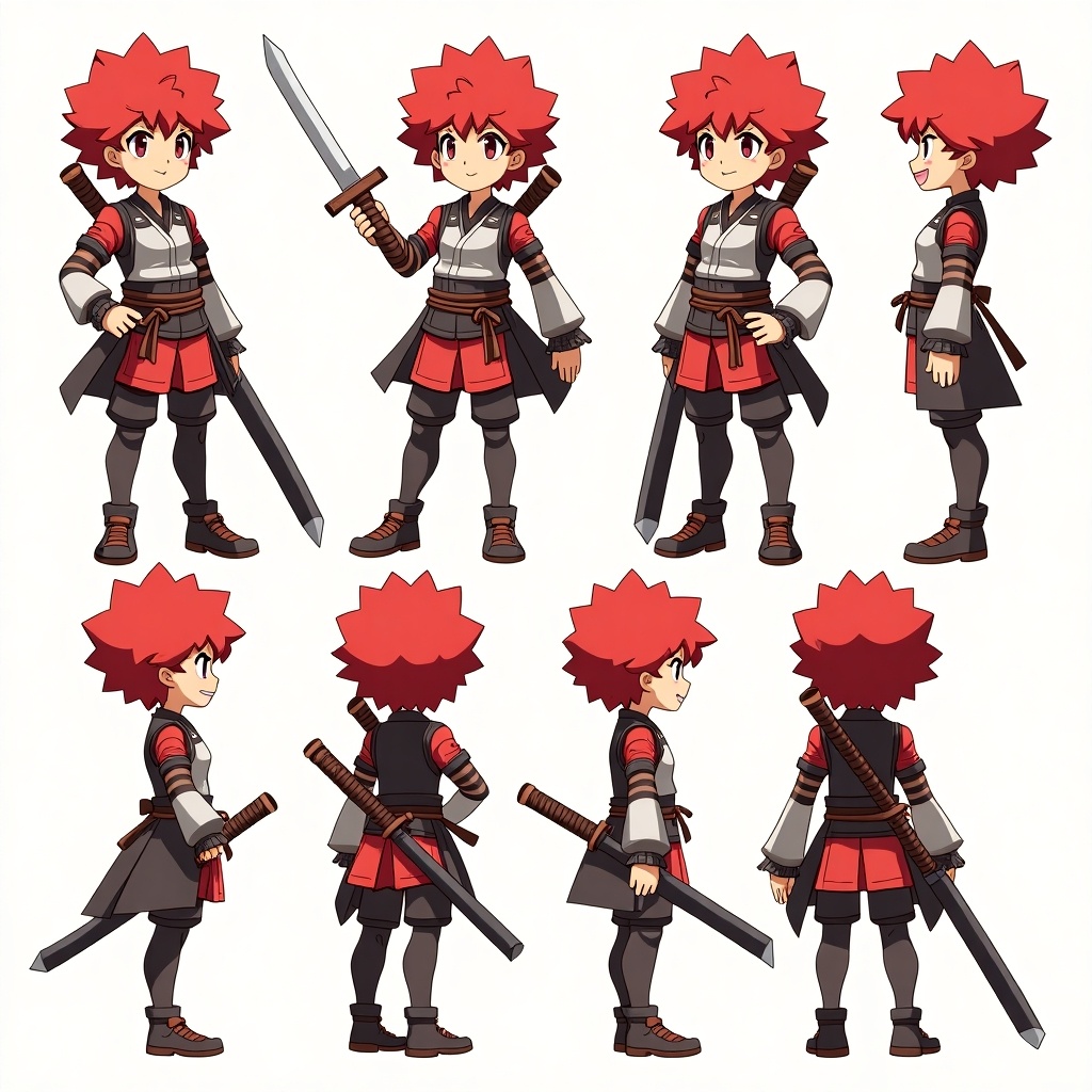 Anime-style character turn-around sheet featuring a cheerful samurai character with red hair and a sword. Showcases multiple angles and poses with armor details.