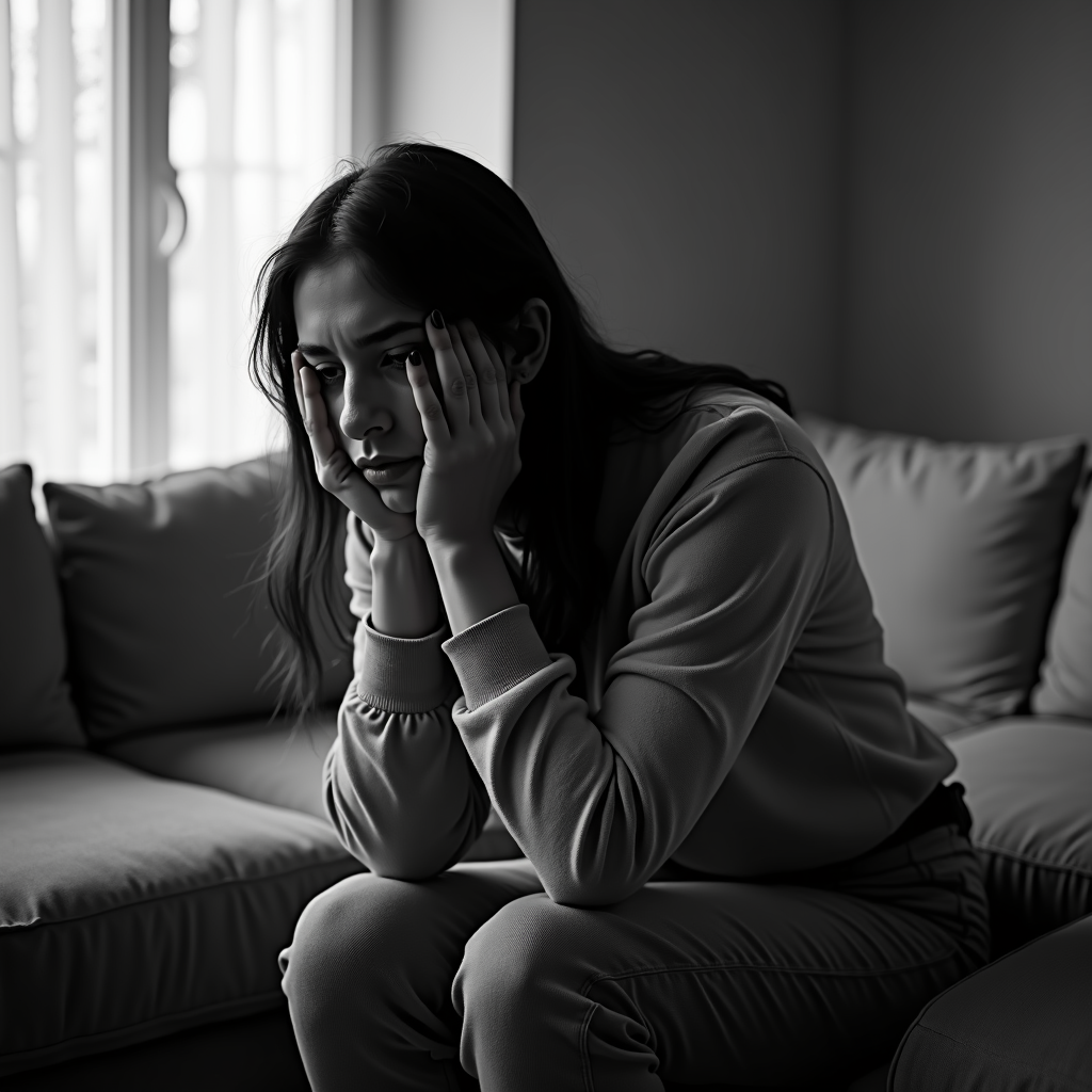 A woman sits on a couch gazing out a window, resting her face in her hands.