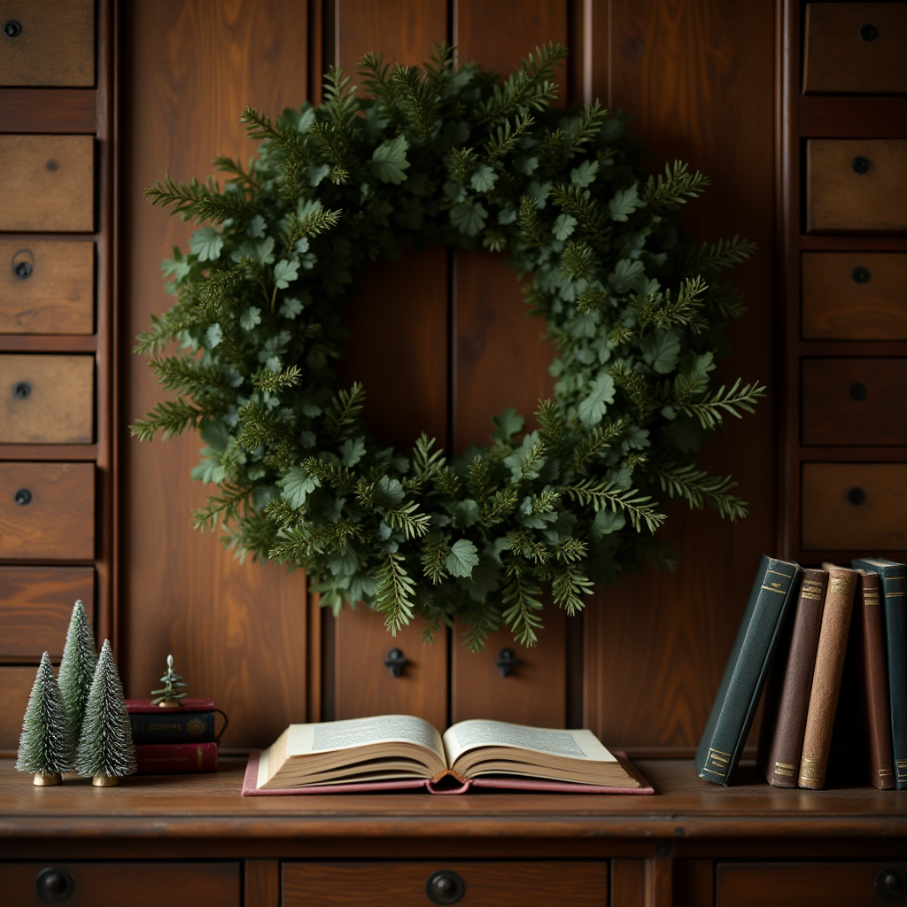 The image depicts a cozy, rustic scene featuring a well-crafted wooden cabinet with a set of small drawers. A lush green wreath, made of pine and oak leaves, is elegantly hung on the cabinet's door. Below the wreath, an open book is displayed on top of the cabinet, suggesting a welcoming and studious atmosphere. To the left of the book, there are two small, decorative Christmas trees, adding a festive touch to the setting. To the right, a few upright books are arrayed, their spines displaying an array of colors, contributing to the sense of a home library or study. The scene is rich in warm tones from the wooden furniture, complemented by the deep greens of the wreath and trees.