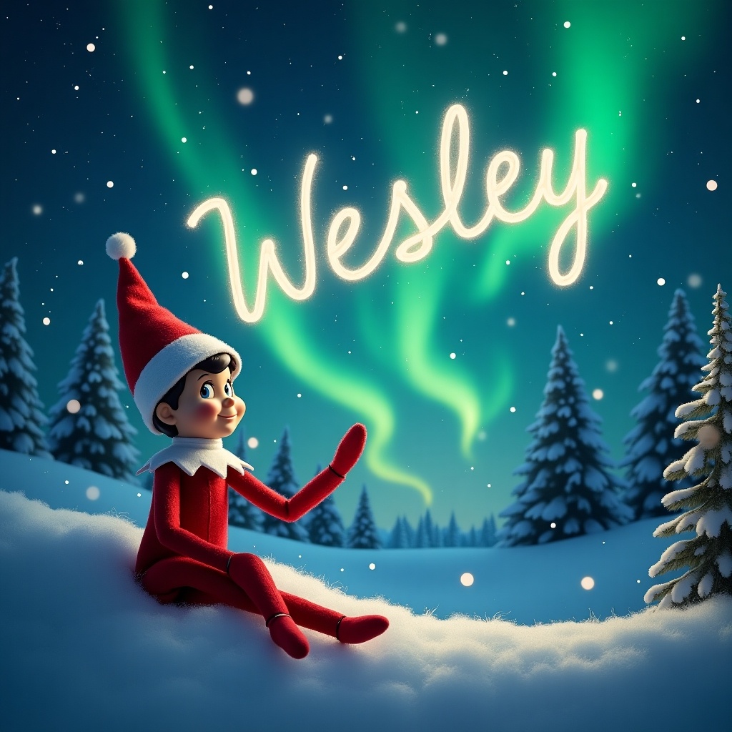 The image features an elf from the Elf on the Shelf tradition, joyfully waving. The elf, named Wesley, is sitting on a snowy landscape, surrounded by evergreen trees. Above him, the northern lights illuminate the night sky, creating a magical atmosphere. The name 'Wesley' is elegantly written in the sky, crafted by Santa. This whimsical scene evokes feelings of joy and holiday spirit, perfect for festive celebrations.