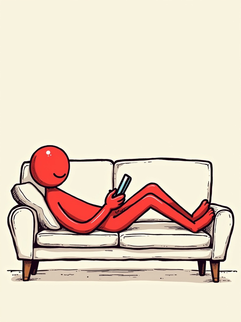 A red stickman figure laying relaxed on a white sofa. Stickman holds a mobile phone and smiles. The scene depicts a laid-back attitude.