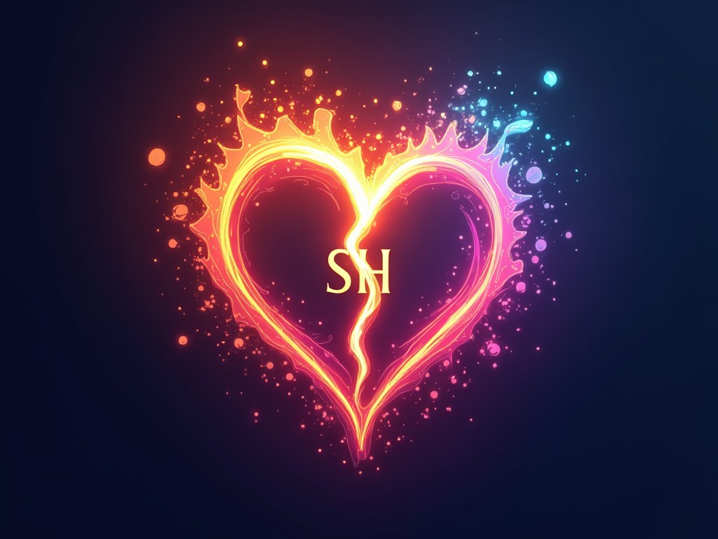 This image features a vibrant heart shape composed of flames and sparks against a dark backdrop. The heart radiates a gradient of warm colors like orange, pink, and purple, creating a lively and dynamic effect. At the center, the initials 'SH' are prominently displayed, adding a personal touch to the scene.