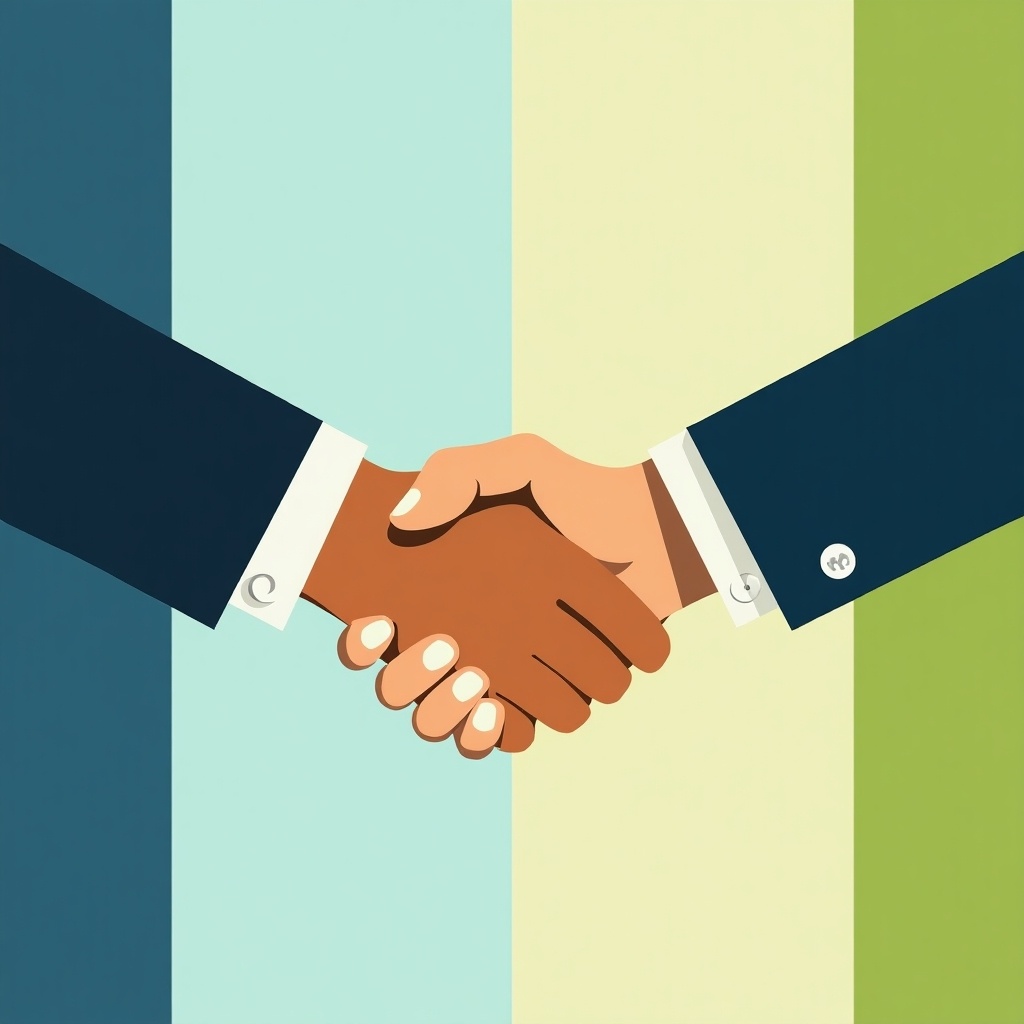 Two corporate Memphis style business people shaking hands with a contract. Emphasis on a professional environment and diverse representation. Bright colors used for aesthetic appeal.