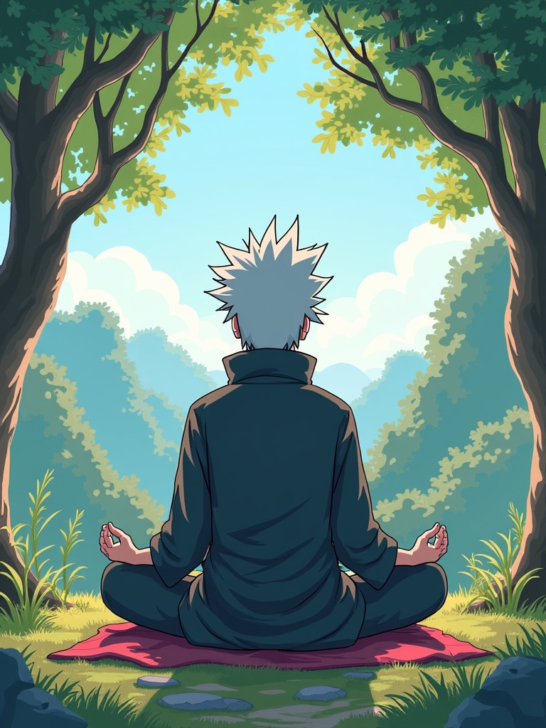 Kakashi with spiky white hair wearing a black cloak meditates in a serene outdoor setting surrounded by trees and mountains. He sits cross-legged on a red mat on a grassy area. The background features blue skies with fluffy clouds.