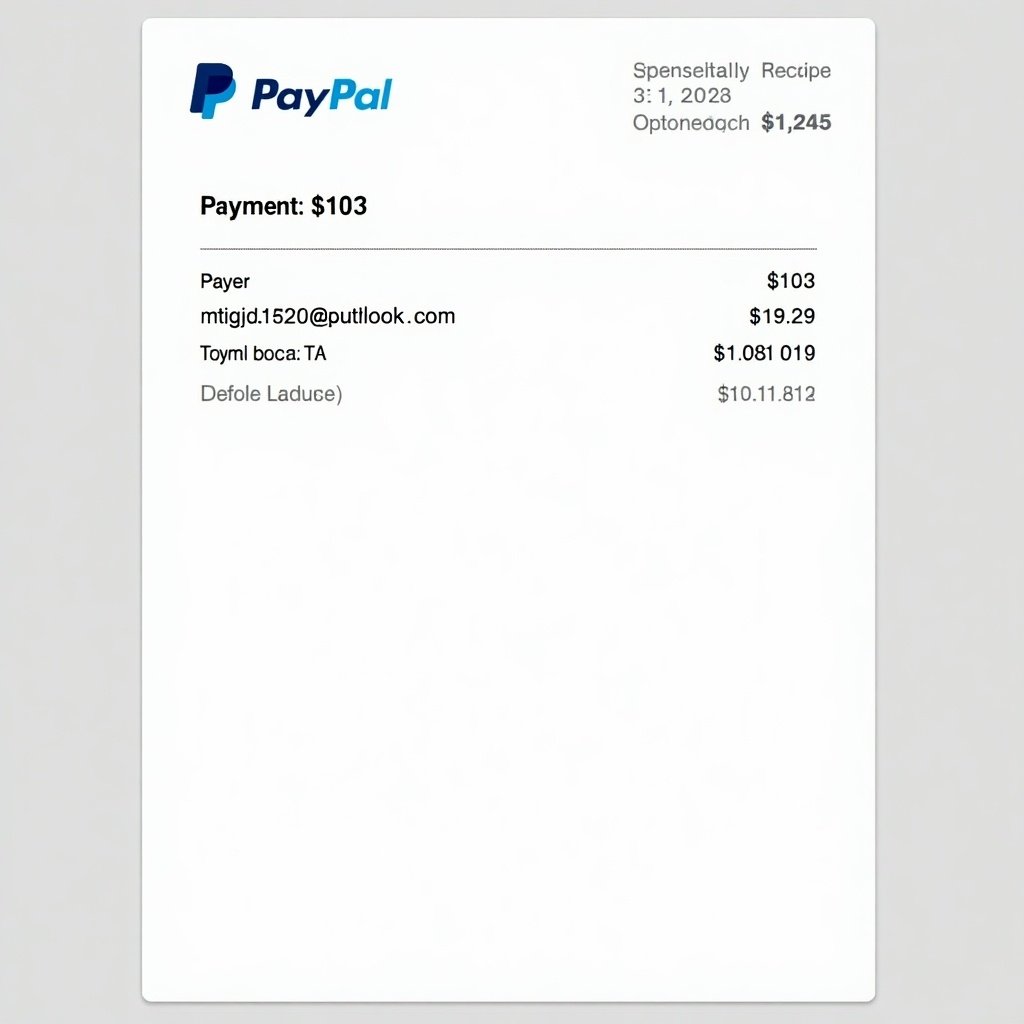 Image of a PayPal payment receipt displaying a payment of 103 dollars to an email address. Document has PayPal branding, transaction details, and clean layout suitable for online payments.