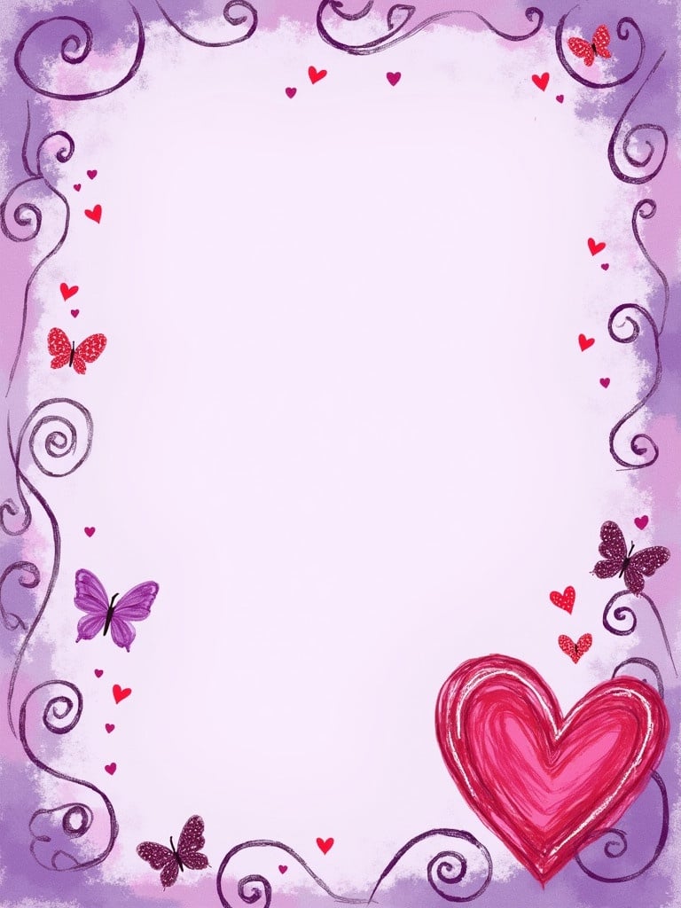 Valentine theme artwork with a pastel purple background. Swirls and hearts decorate the border. A large heart drawn in crayon is placed at the bottom right. Small glittery butterflies accompany the design. The overall look is grungy and playful.