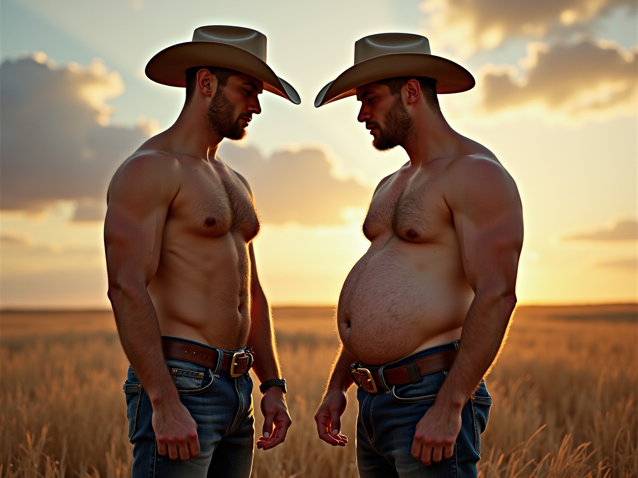 The image features two male figures, both dressed in cowboy hats and denim jeans, standing face to face during sunset. One is tall and muscular, while the other is shorter with a pronounced belly. They embody a message of body positivity and inclusivity in the LGBTQ+ community. The background showcases a golden field, enhancing the warm ambiance of the scene. This image plays with traditional cowboy aesthetics while challenging norms around body shapes and sizes.