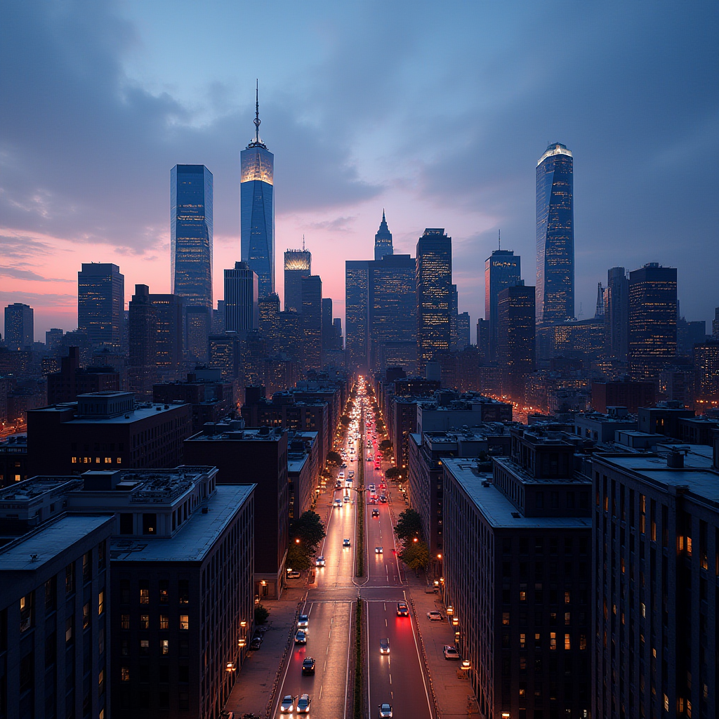 A vibrant cityscape features towering skyscrapers silhouetted against a colorful sunset, with a busy road lined with glowing city lights.