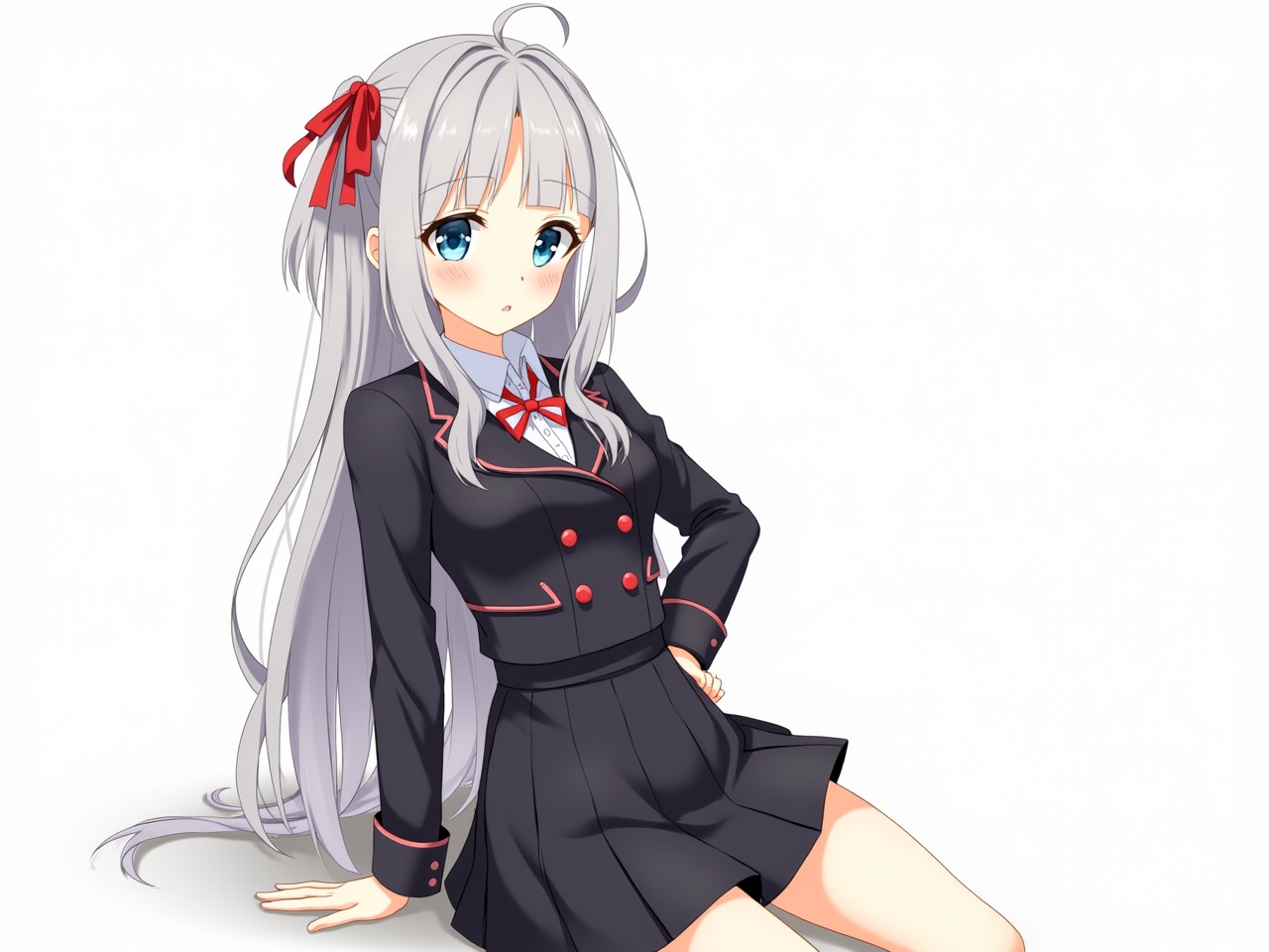 Anime character depicted with striking beauty in a high-resolution setting. She has an adorable ahoge and wears a stylish black dress with a matching black skirt and vest. The blazer is complemented by a blue-eyed gaze and a subtle blush on her cheeks. Her long, grey hair features crossed bangs, adorned with a red bow and hair ribbon, adding an aesthetic touch. She poses with one hand on the ground, showcasing a school uniform from Seiren Academy, which includes a collared shirt and a cropped jacket with red buttons. The scene emphasizes her elegant pleated skirt and overall charming appearance, set against a clean, white background.