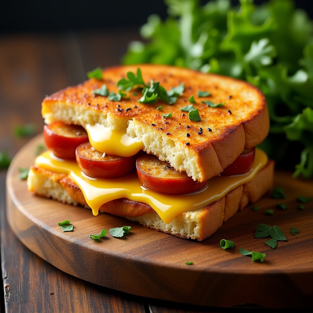 This image showcases a delectable Halloumi and cheese toast sandwich. The sandwich is toasted to a perfect golden brown, featuring layers of melted cheese and sliced sausages. Fresh herbs sprinkle the top, adding a vibrant touch. The sandwich sits on a wooden board, accompanied by crisp green lettuce. Soft, natural lighting creates an inviting ambiance, enhancing the sandwich's appeal. This is an ideal visual for food lovers and culinary enthusiasts.