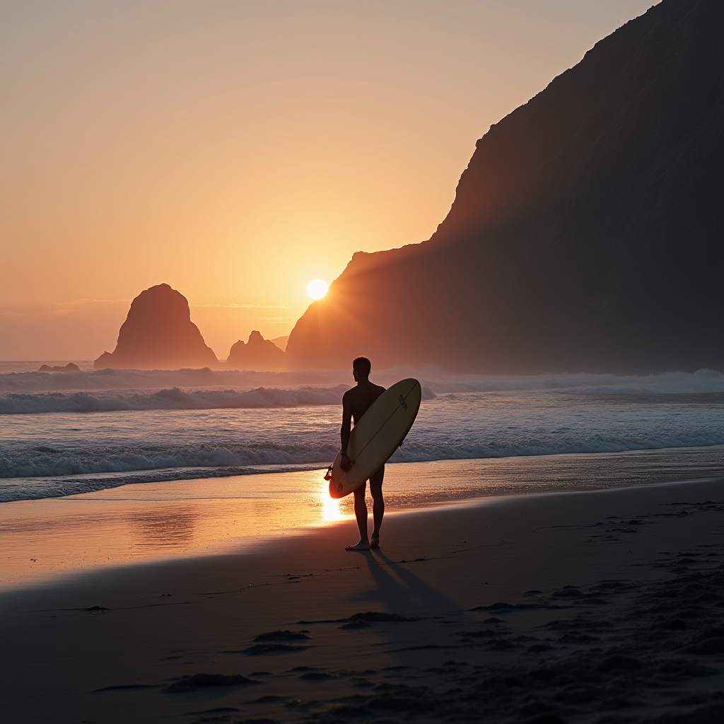 A surfer standing on the beach, gazing at a stunning sunset over the ocean.