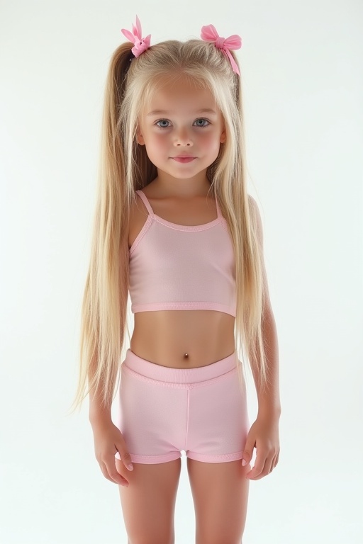 A young girl poses in a pink crop top and short lycra shorts. The background is white. The girl has long straight blonde hair styled with bows. She has a slim figure and wears a confident expression.