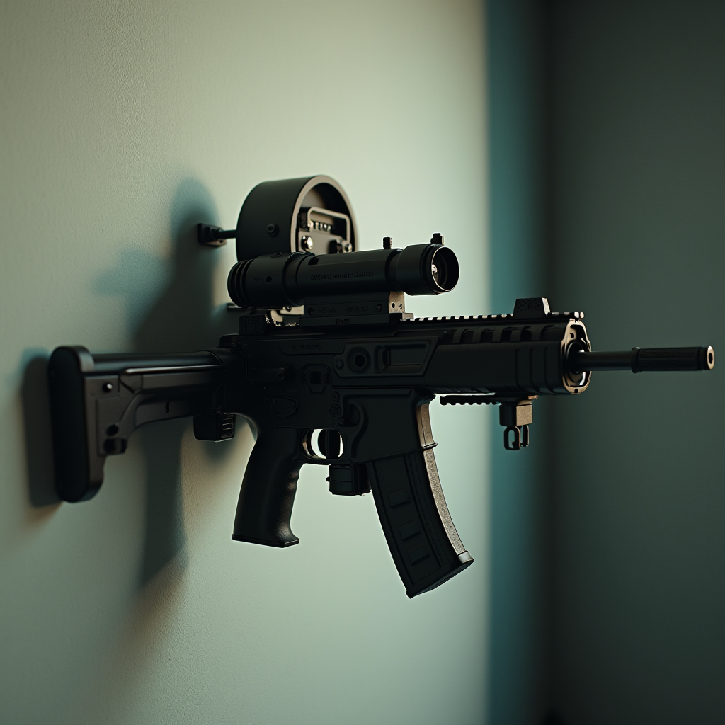 A futuristic rifle with a scope is mounted on a wall.