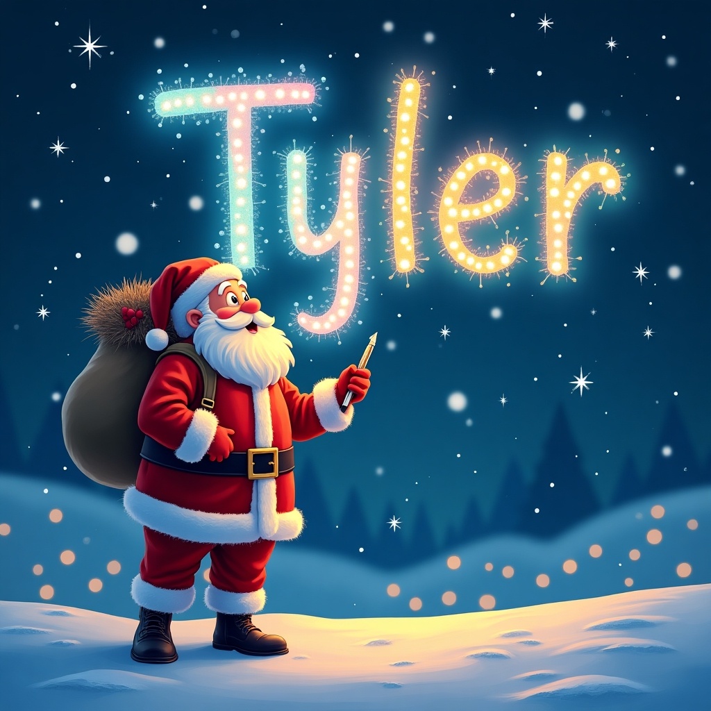 Christmas theme featuring Santa Claus writing 'Tyler' in colored font in the sky with a colorful glow pen while looking up.