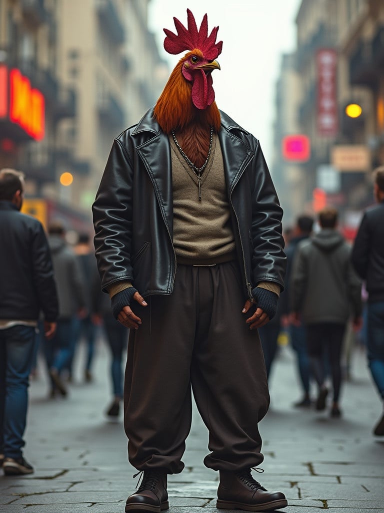 Humanoid rooster character standing in an urban street. Full human body with rooster head. Gangster style attire. Crowded street scene in the background.