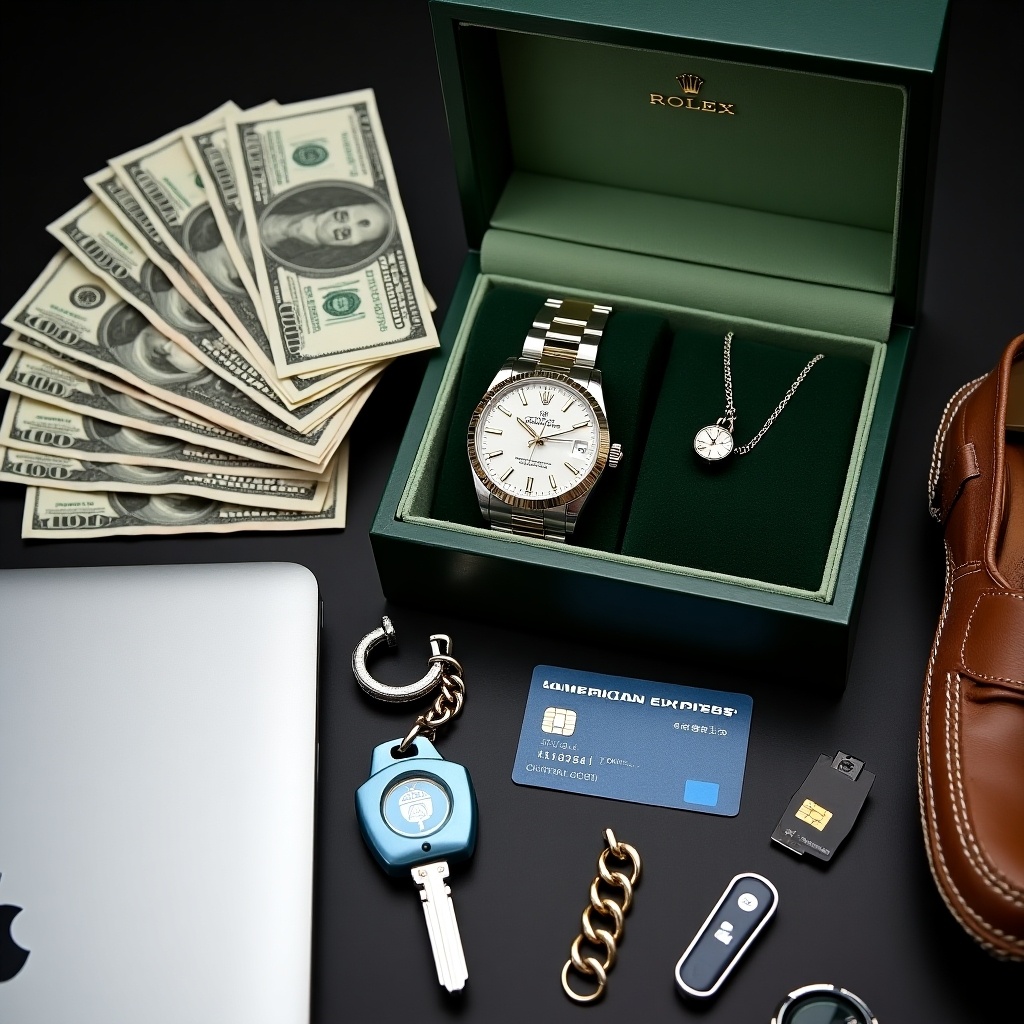 An assortment of luxury items displayed. Rolex watch in a green box. Spare link and pendant present. Stacks of hundred dollar bills show wealth. Credit cards including American Express signify high-status lifestyle. Sleek Apple laptop included. Mercedes car key and accessories visible. The aesthetic conveys luxury and affluence.