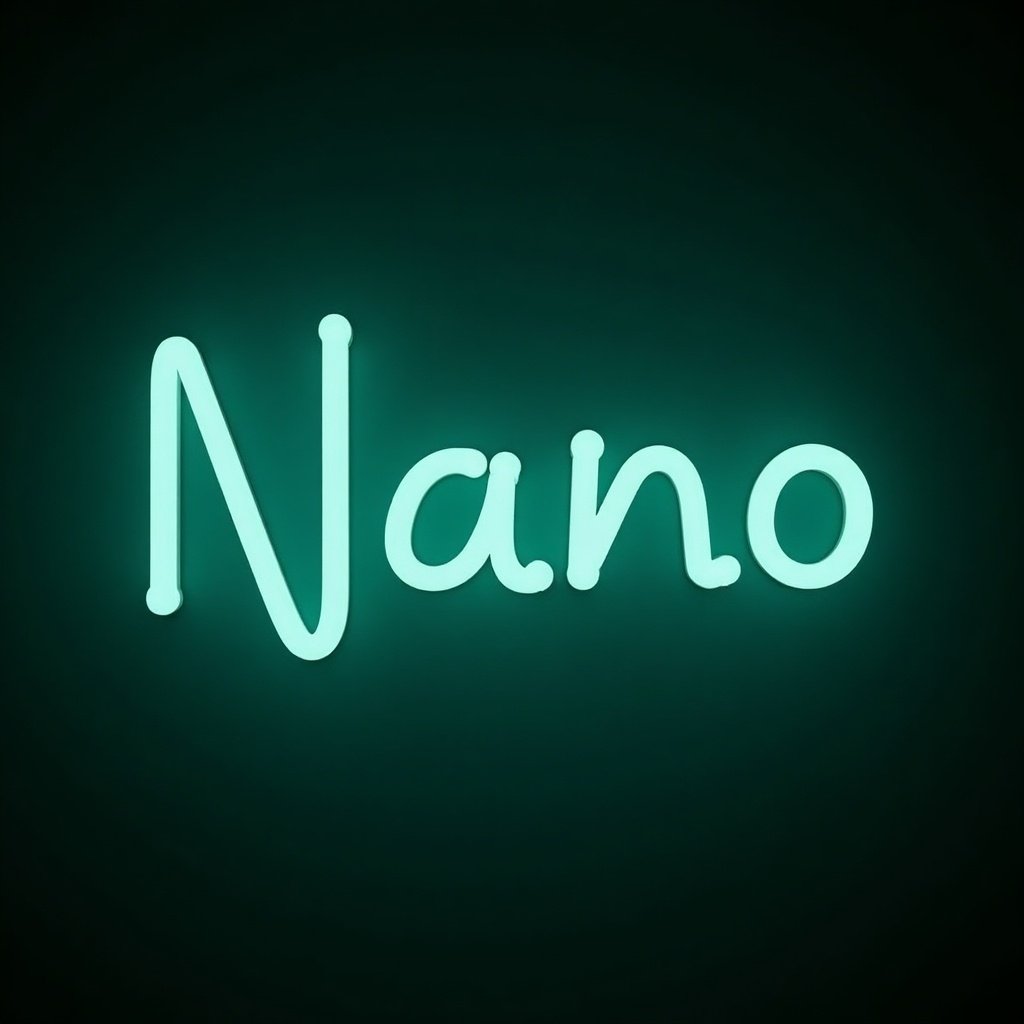 A neon sign with the word 'Nano' in bluish green color against a dark background.