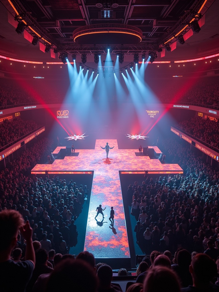 Aerial view of a 360 concert at Madison Square Garden featuring Travis Scott. The stage has a T-shaped runway with energetic lighting. The audience is engaged and filled with excitement. The atmosphere is electrifying.