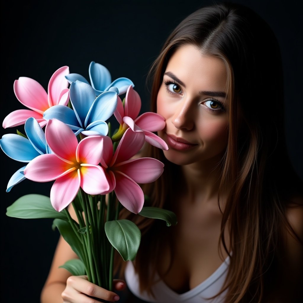 Vibrant bouquet of artificial flowers in close-up view. Features pink, blue, and white blossoms. Woman with long hair sitting against a dark background. High resolution capture.