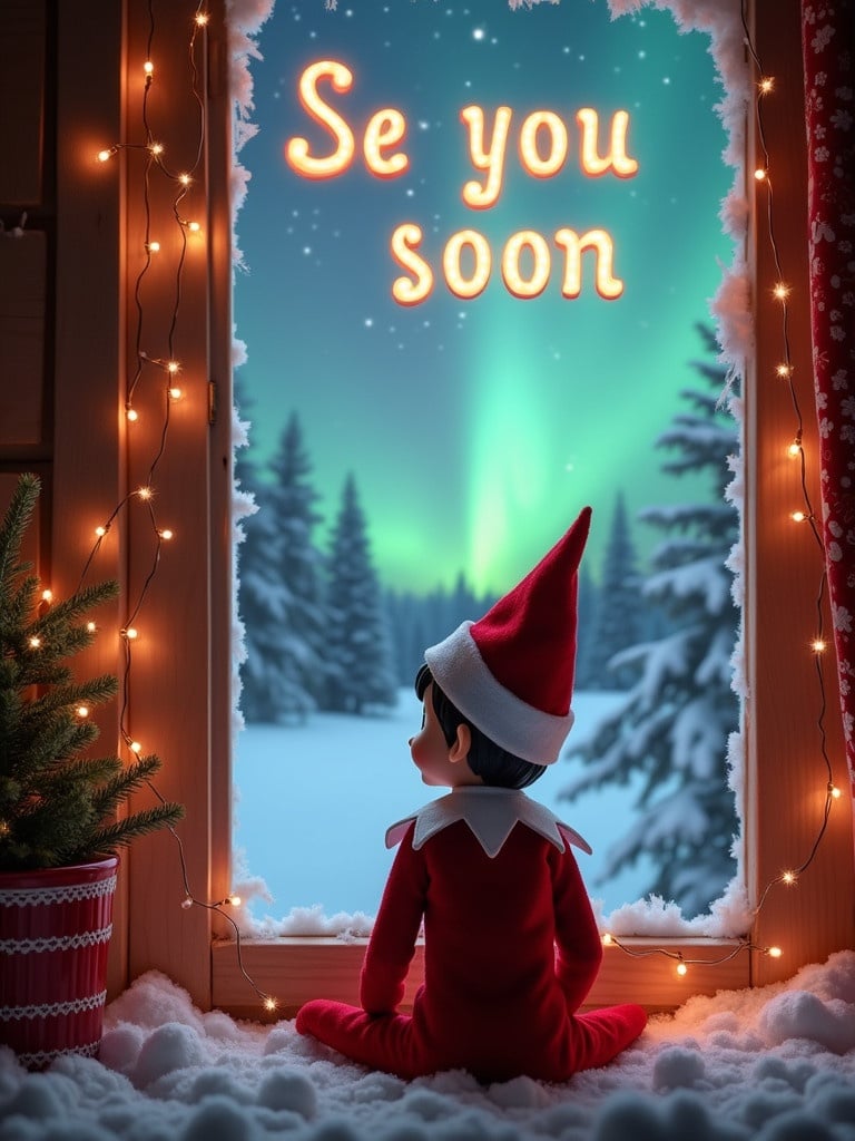 An adorable elf sits by a snowy window. The elf gazes out at the northern lights. The elf wears a red outfit and a matching hat. A glowing message is above the elf. Twinkling fairy lights surround the room. The outside landscape is snowy. The scene feels festive and magical.