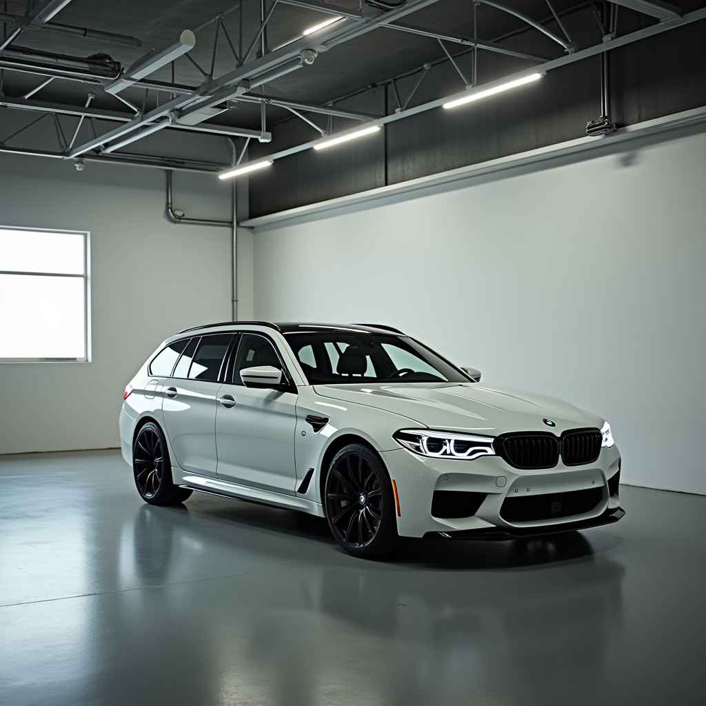 A sleek white luxury wagon parked in a modern indoor setting.