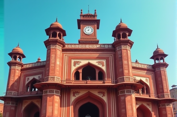 A grand red-brick building with ornate archways, intricate designs, and a prominent clock tower flanked by four domed turrets.