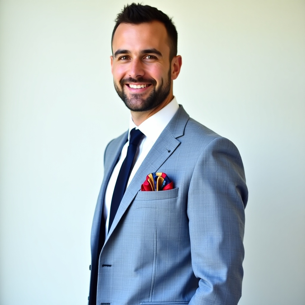 Man stands against a plain light-colored background. He wears light blue checked blazer with notch lapel. Underneath, white shirt is partially unbuttoned. A dark tie is visible. Colorful pocket square in blazer pocket adds flair. He appears confident with a slight smile. Arms relaxed at sides.