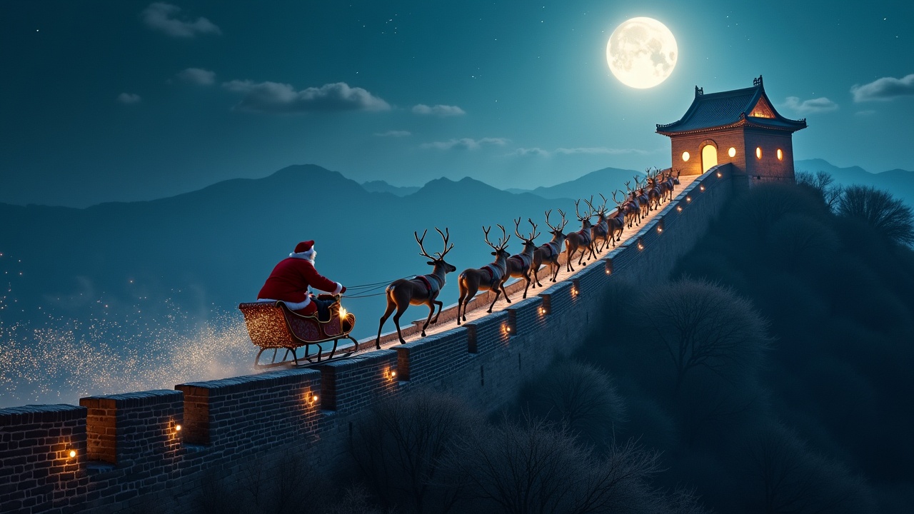 Magical atmosphere captured in an aerial shot. Sleigh of Santa flying past the camera. Trail of sparkles over The Great Wall of China. Shot features ultrarealistic qualities.