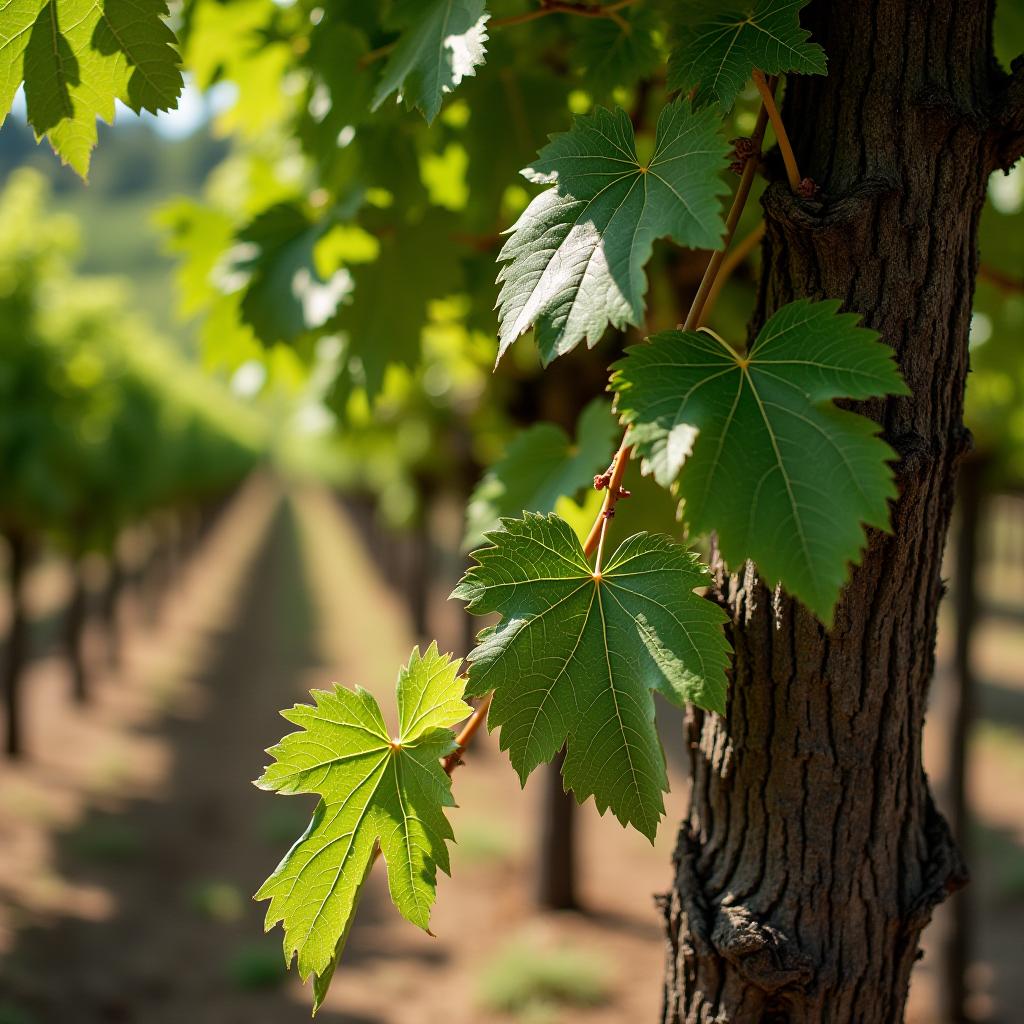 Close-up of vineyard leaves with sunlight filtering through, creating a serene and peaceful atmosphere.