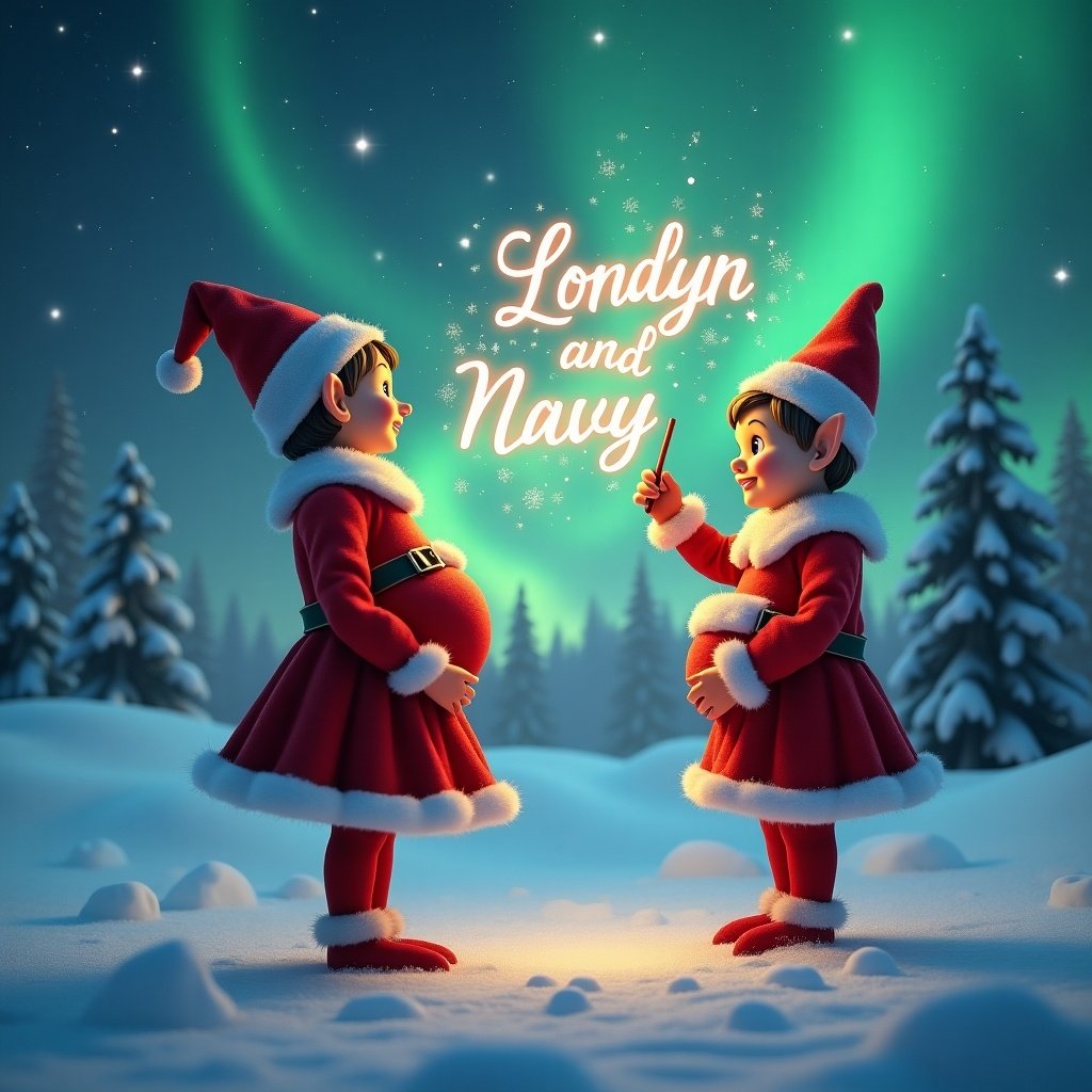 Enchanted Christmas scene with two elves. One red elf has a pregnant belly and is facing the sky. The smiling brother elf stands nearby. The elf uses a magic wand to write 'Londyn and Navy' in glowing script. The backdrop features vibrant northern lights. The scene embodies the festive spirit with a whimsical holiday atmosphere.