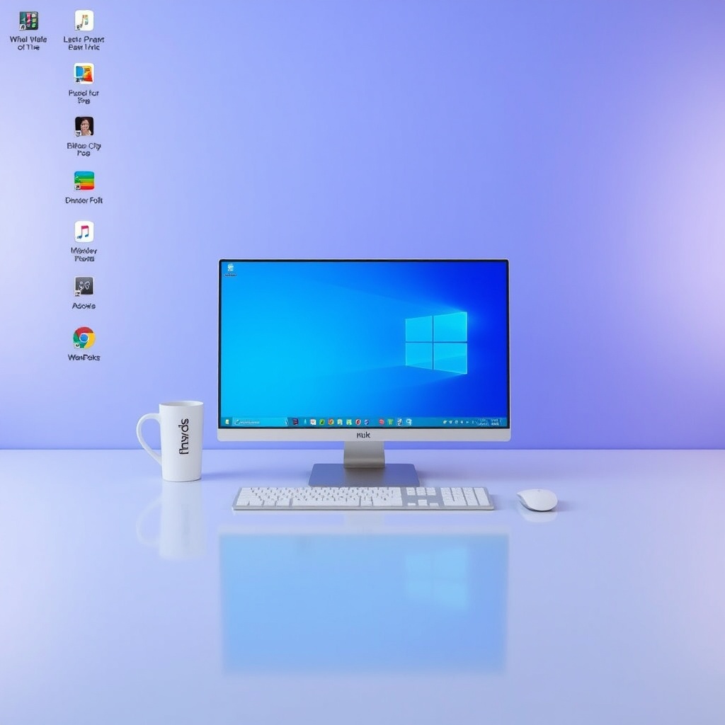 A minimalist desk setup with a modern computer and clean desktop interface, set against a calming blue background.