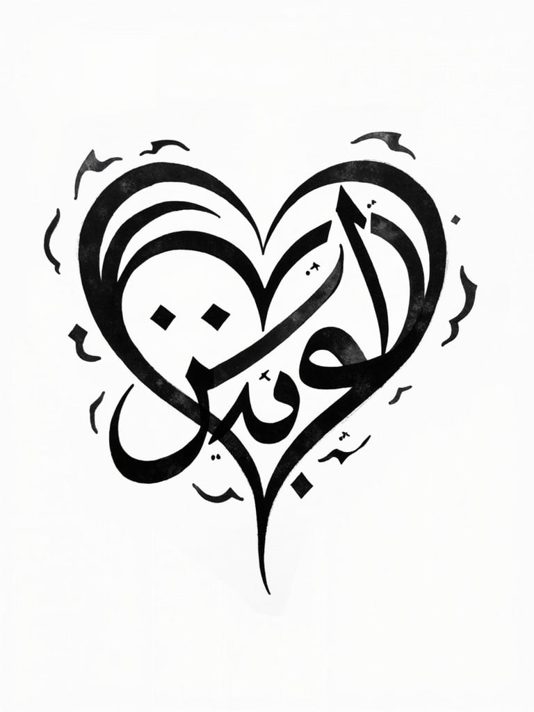 Design features names Sarfaraz and Naazneen in Arabic. Names are intertwined in a heart shape. Bold black ink on white paper.