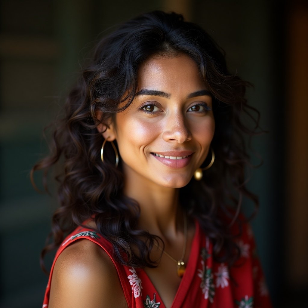 Close-up portrait of a middle-aged woman with curly hair wearing a floral red top. She is smiling and appears warm and inviting. The background is softly blurred.