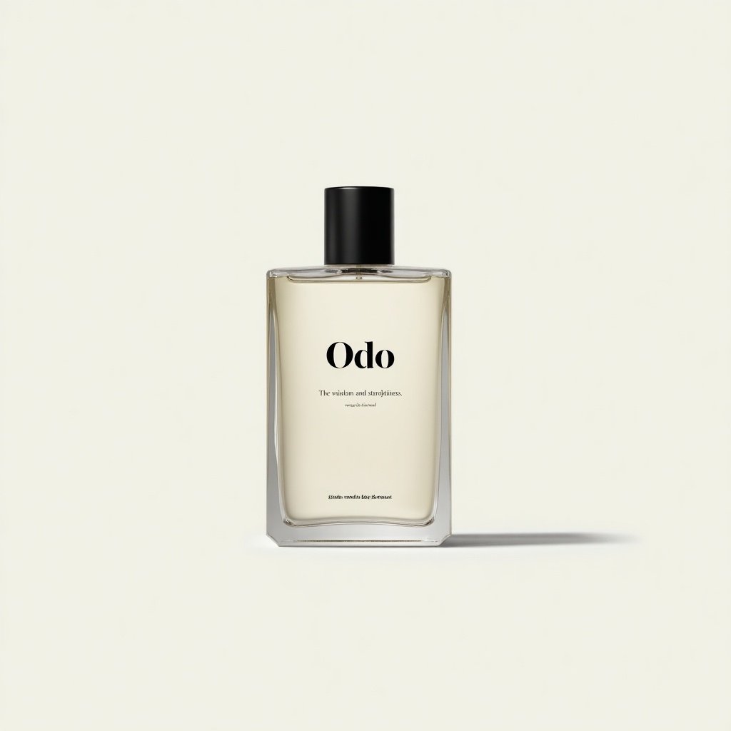 Image shows a minimalist perfume bottle labeled Odo. Bottle is transparent showcasing contents. Background is light and soft-colored. Label reads The wisdom and sturdiness, bottled. Conveying elegance and simplicity. Modern appeal with straightforward typography.